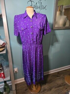 Leslie Fay Purple Button-Front Midi Dress with Tiny Floral Print